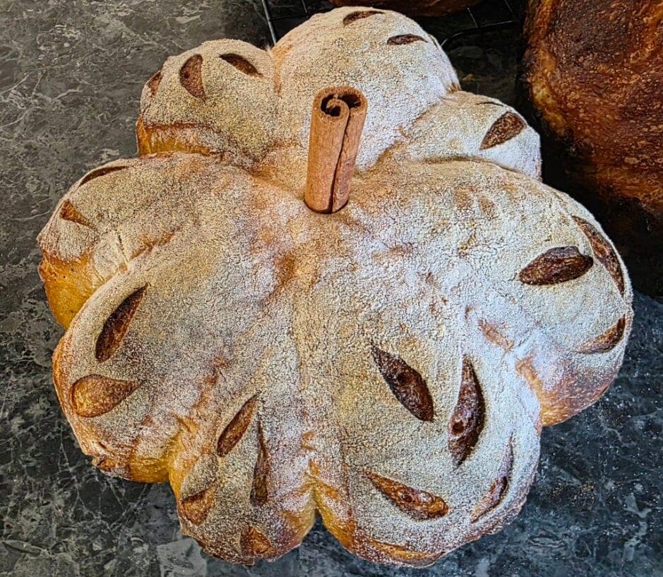 A pumpkin-shaped Pumpkin Spice sourdough loaf with a cinnamon stick stem
